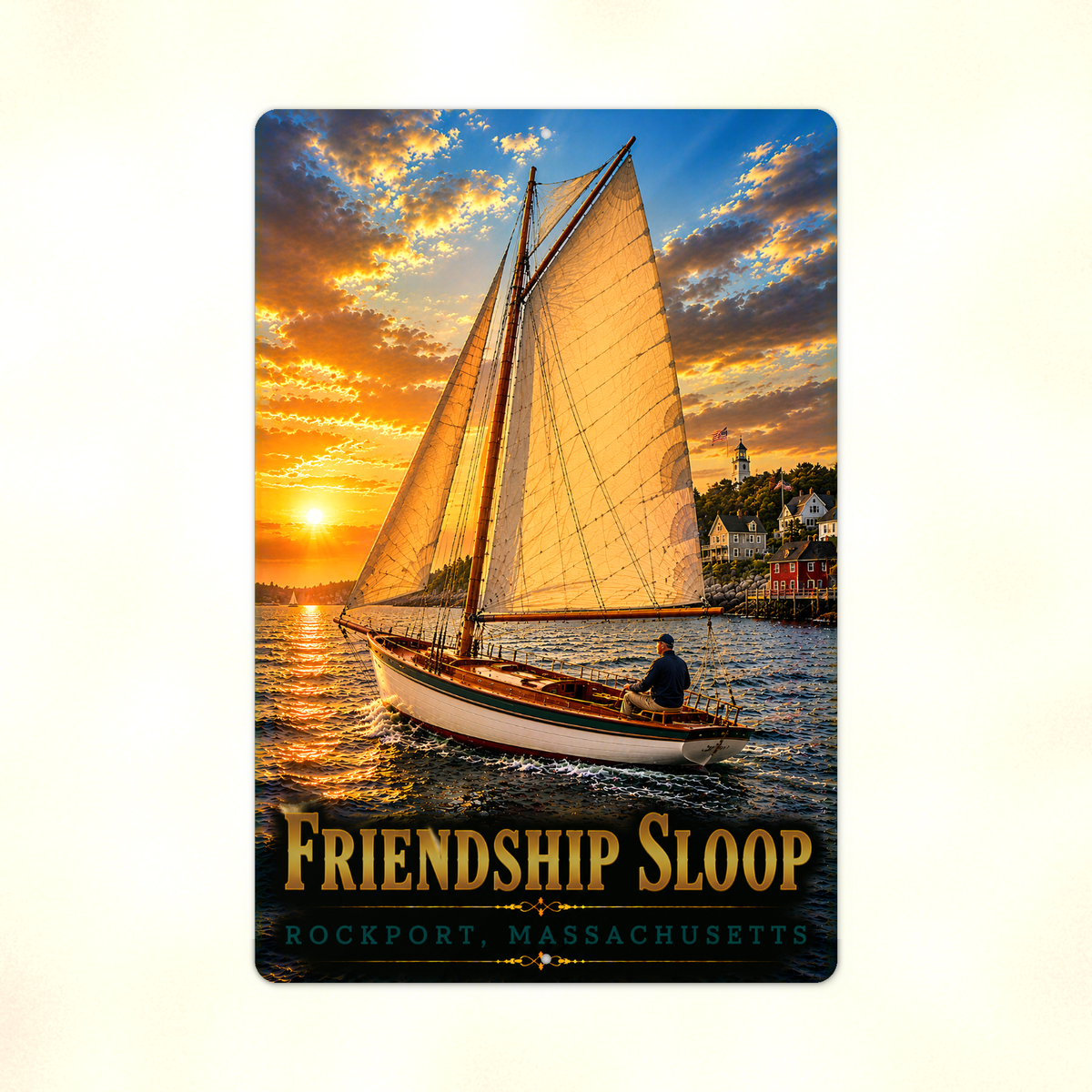 Full view of the sign showing Friendship Sloop Rockport lettering and a golden-sailed boat near a lighthouse against a pale background.