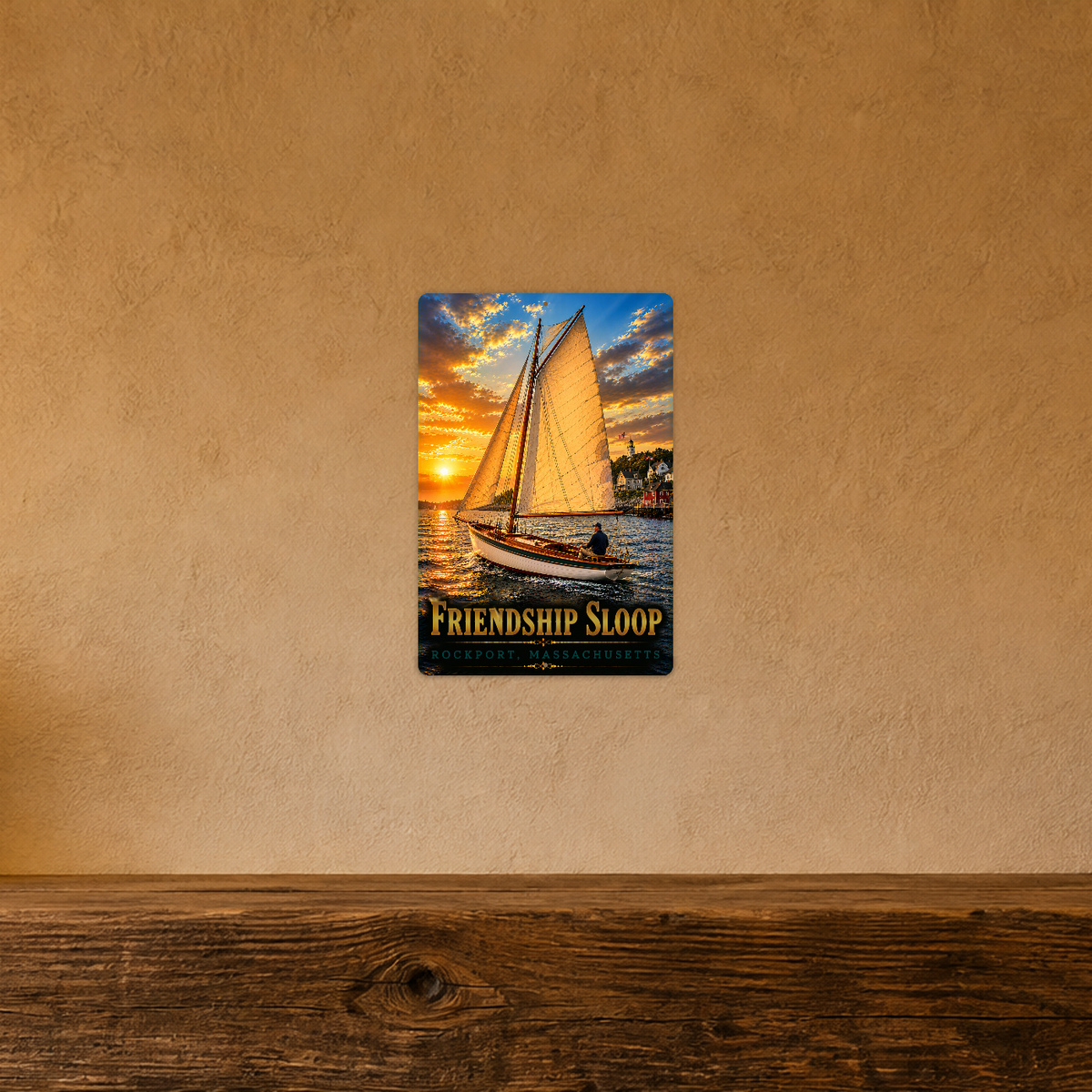 Sign showing Friendship Sloop Rockport lettering and a golden-sailed boat near a lighthouse, displayed on a warm tan textured wall above a wooden ledge.