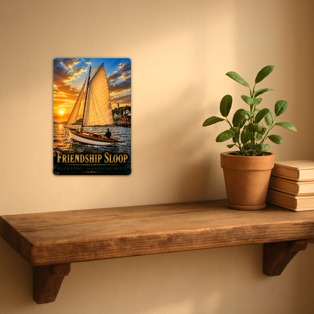 Sign showing Friendship Sloop Rockport lettering and a golden-sailed boat near a lighthouse, displayed on a warm beige wall above a rustic shelf with a potted plant and books.
