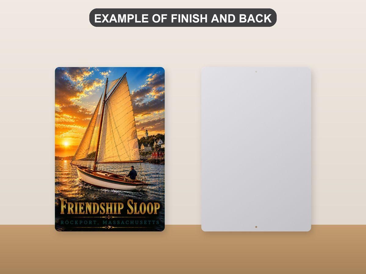 Front-and-back comparison card showing Friendship Sloop Rockport lettering and a golden-sailed boat near a lighthouse on the printed sign beside its plain metal back.