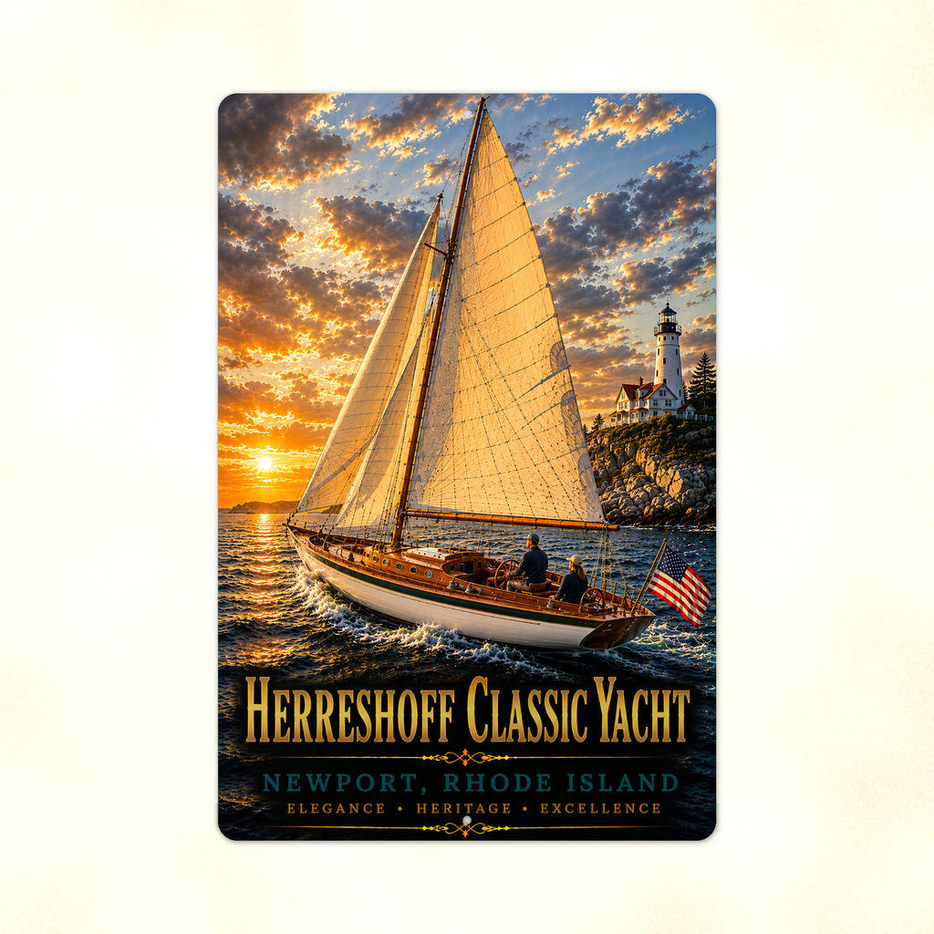 Full view of the sign showing Herreshoff Classic Yacht Newport lettering and a golden-sailed boat with an American flag against a pale background.