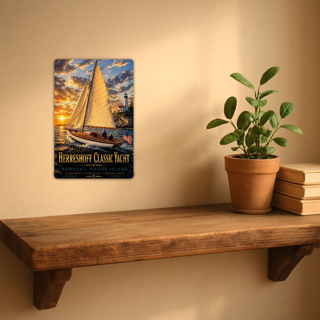 Sign showing Herreshoff Classic Yacht Newport lettering and a golden-sailed boat with an American flag, displayed on a warm beige wall above a rustic shelf with a potted plant and books.
