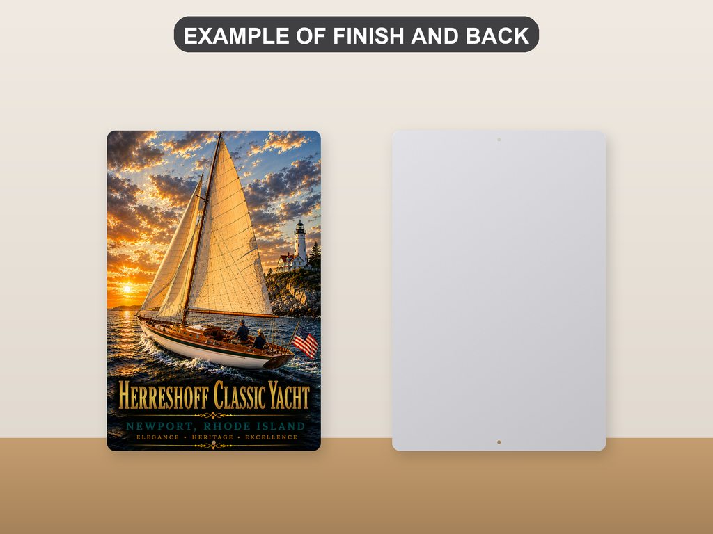 Front-and-back comparison card showing Herreshoff Classic Yacht Newport lettering and a golden-sailed boat with an American flag on the printed sign beside its plain metal back.