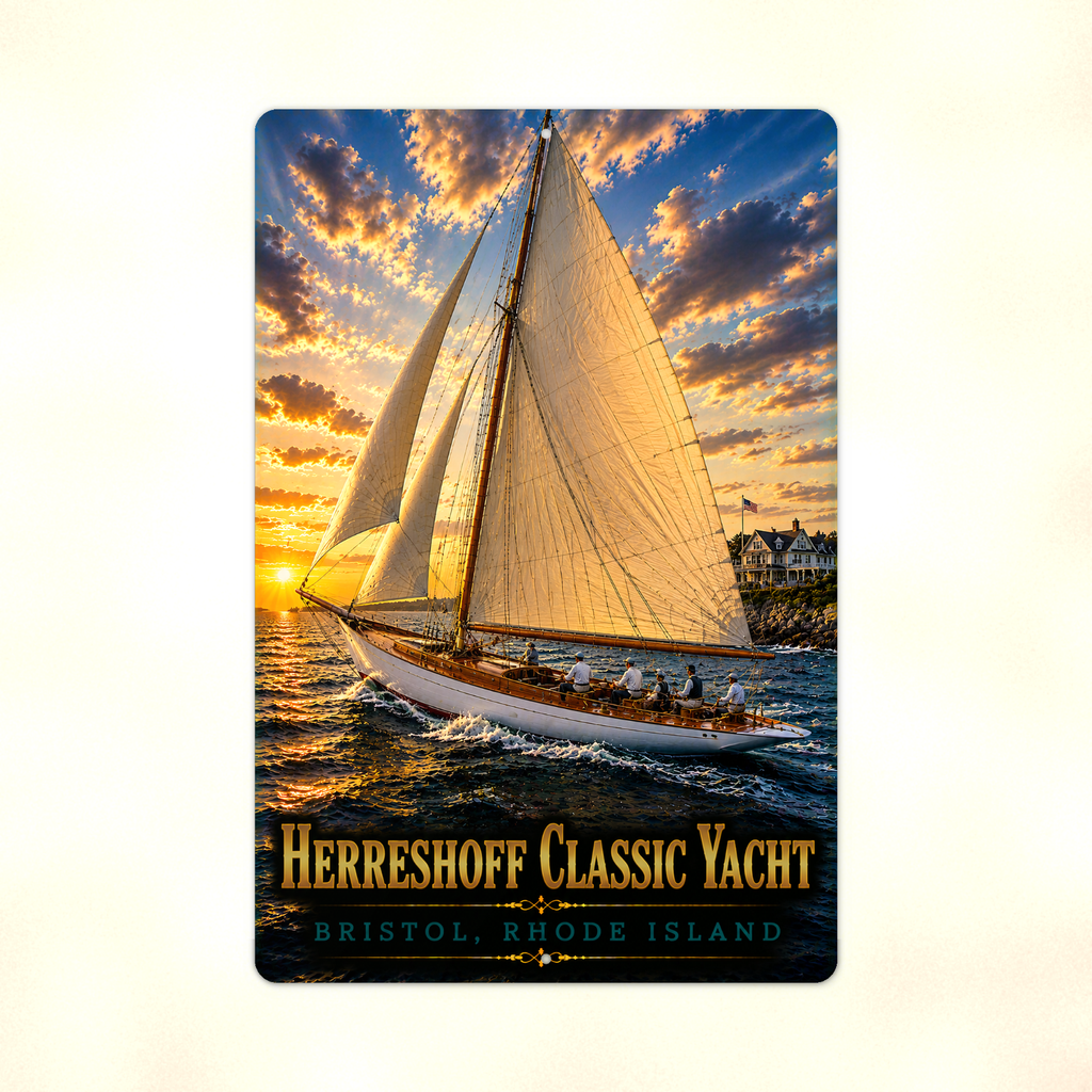 Full view of the sign showing Herreshoff Classic Yacht Bristol lettering and people aboard a white-hulled boat with golden sails against a pale background.