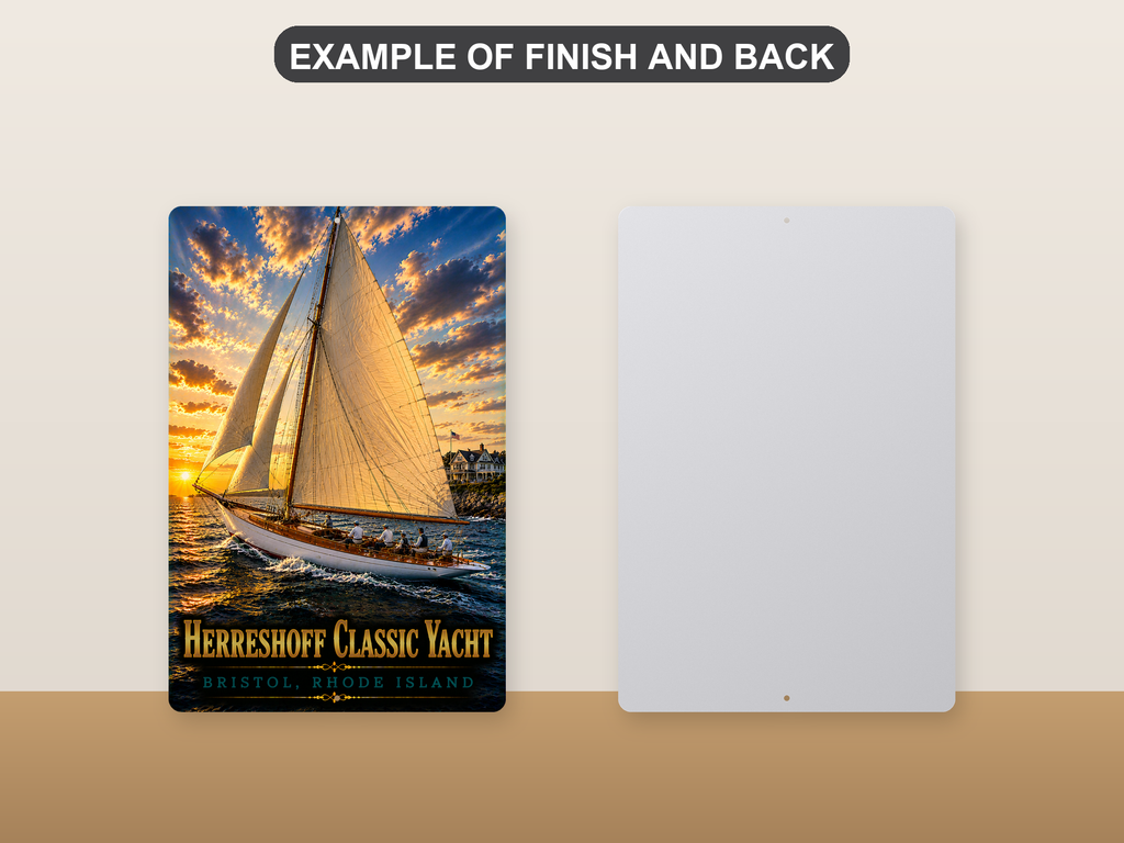 Front-and-back comparison card showing Herreshoff Classic Yacht Bristol lettering and people aboard a white-hulled boat with golden sails on the printed sign beside its plain metal back.