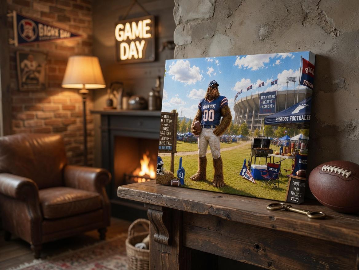 Football Bigfoot Canvas Print Canvas Print — shown on a rustic wall