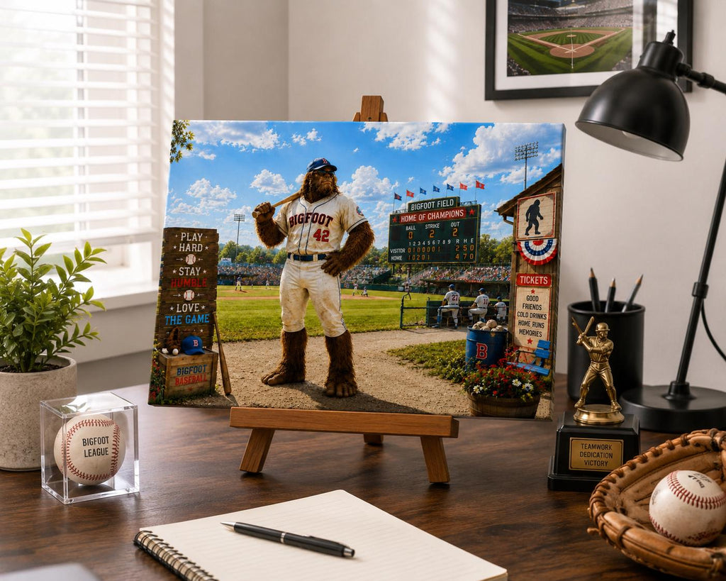 Baseball Bigfoot Canvas Print Canvas Print — shown on a rustic wall