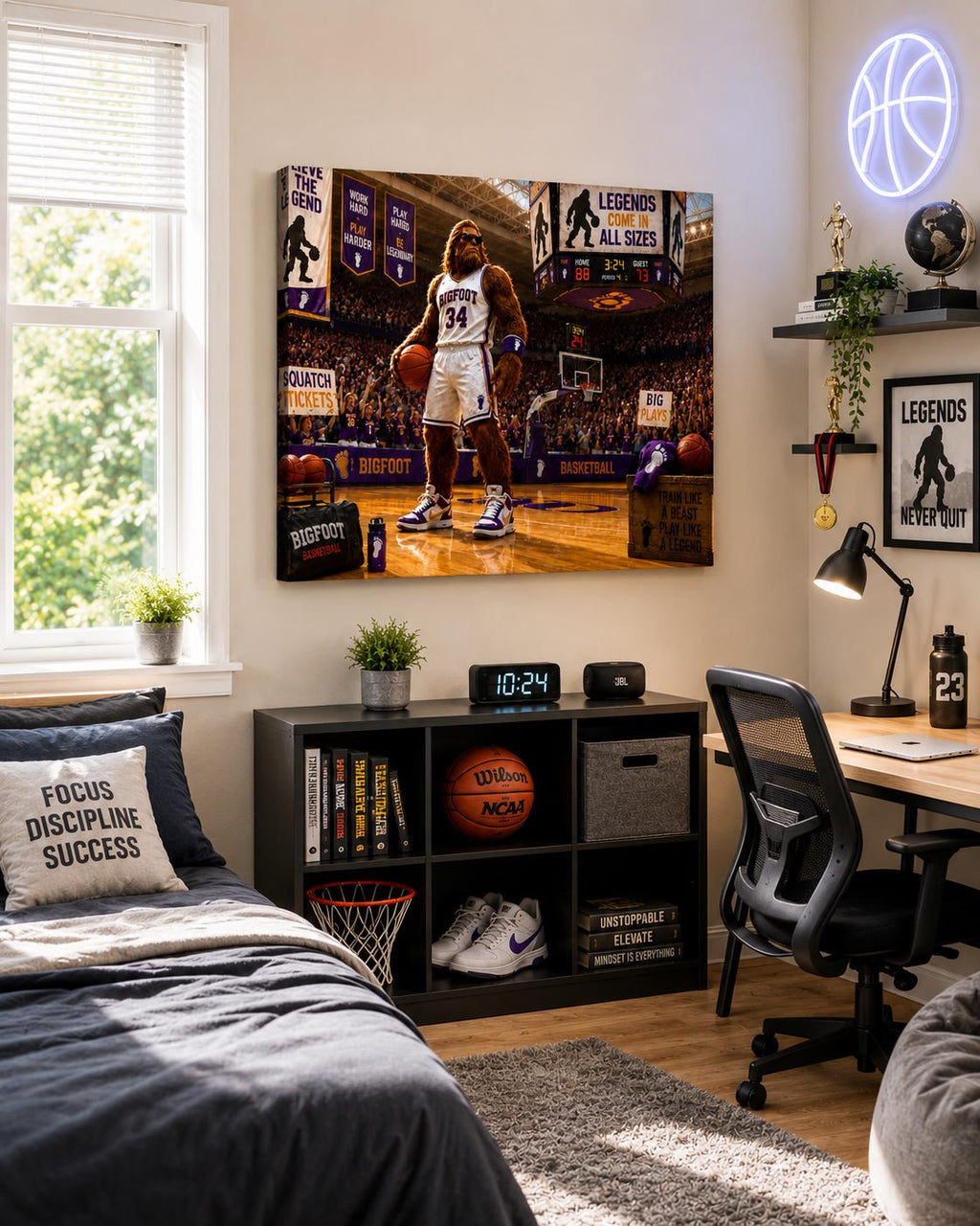 Basketball Bigfoot Canvas Print Canvas Print — shown on a rustic wall