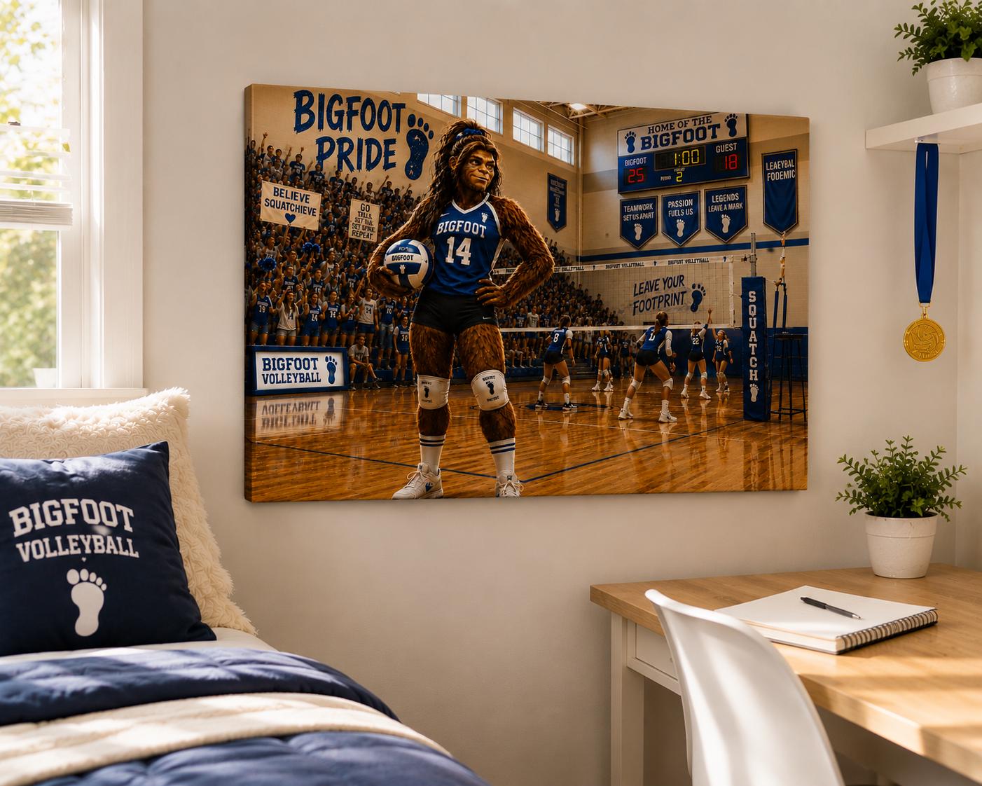 Volleyball Bigfoot Canvas Print Canvas Print — shown on a rustic wall