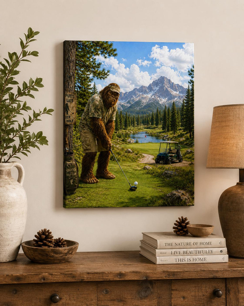 Golfer Bigfoot Canvas Print Canvas Print — shown on a rustic wall