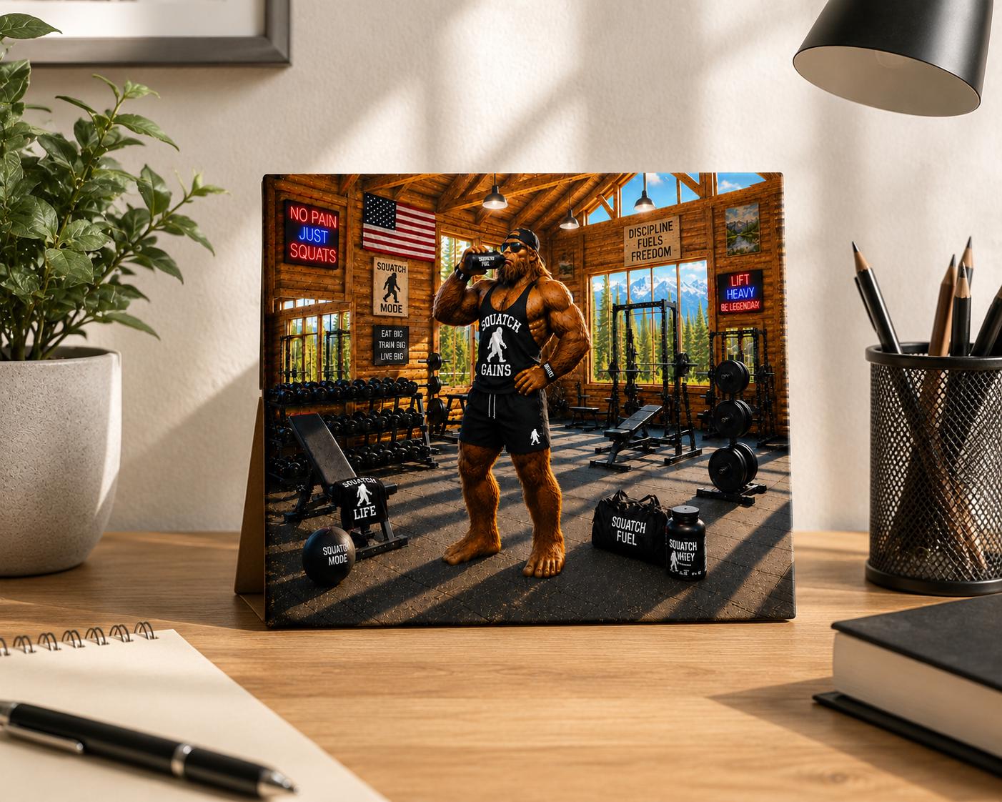 Gym Bro Bigfoot Canvas Print Canvas Print — shown on a rustic wall