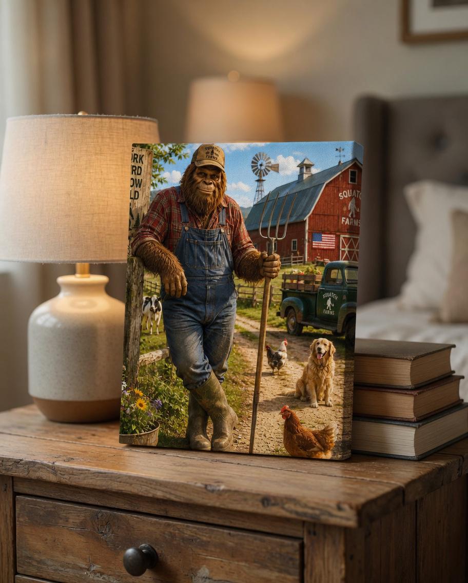 Farmer Bigfoot Canvas Print Canvas Print — shown on a rustic wall