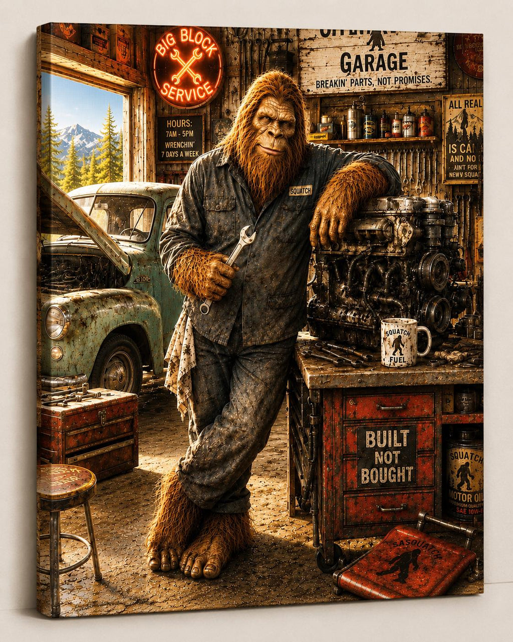 Mechanic Bigfoot Canvas Print Canvas Print — front view on white background