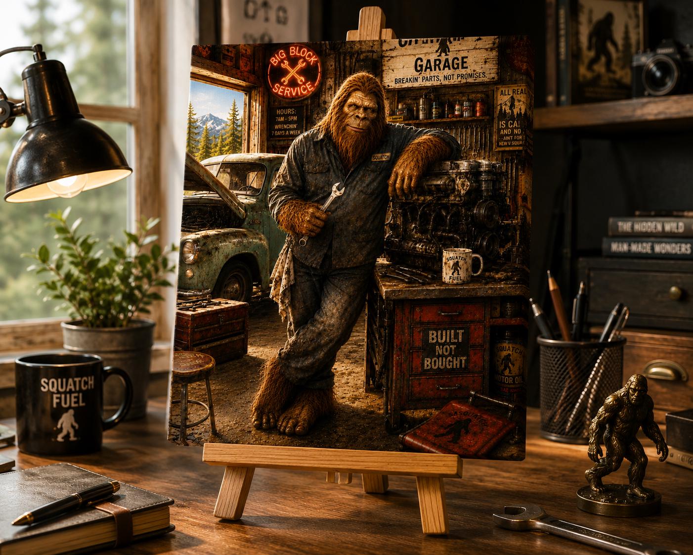 Mechanic Bigfoot Canvas Print Canvas Print — shown on a rustic wall