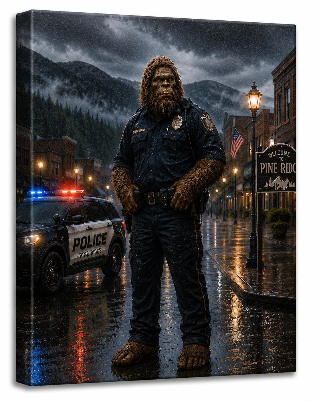 Police Officer Bigfoot Canvas Print Canvas Print — front view on white background