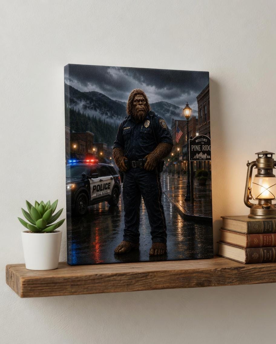 Police Officer Bigfoot Canvas Print Canvas Print — shown on a rustic wall