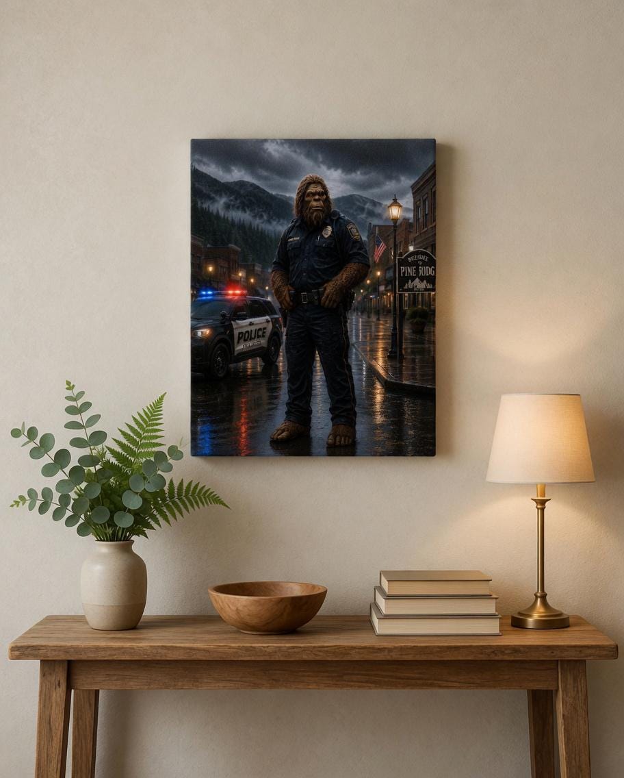 Police Officer Bigfoot Canvas Print Canvas Print — lifestyle setting