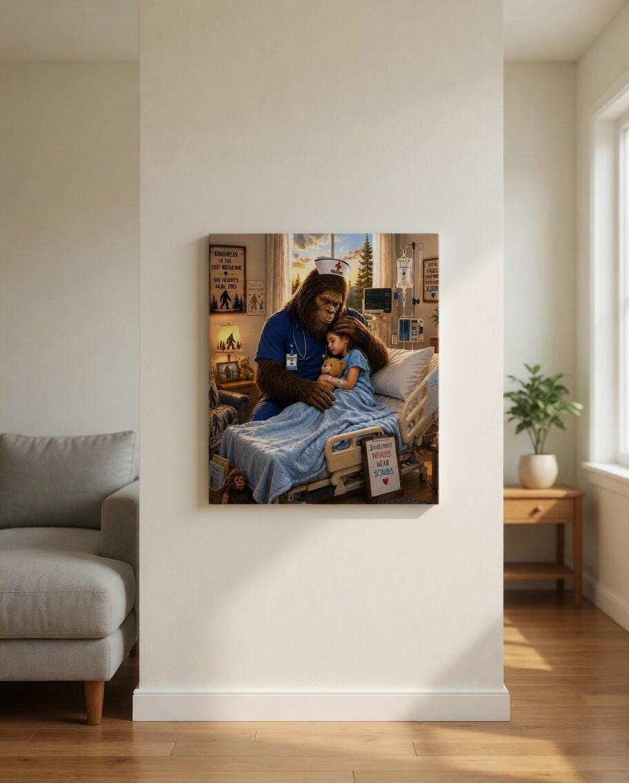 Nurse Bigfoot Canvas Print Canvas Print — shown on a rustic wall