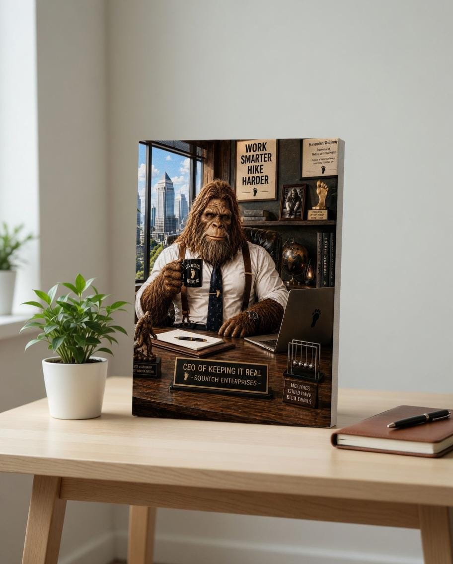 Office Bigfoot Canvas Print Canvas Print — shown on a rustic wall