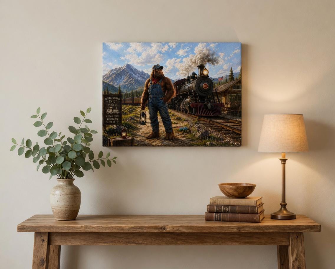 Train Conductor Bigfoot Canvas Print Canvas Print — shown on a rustic wall