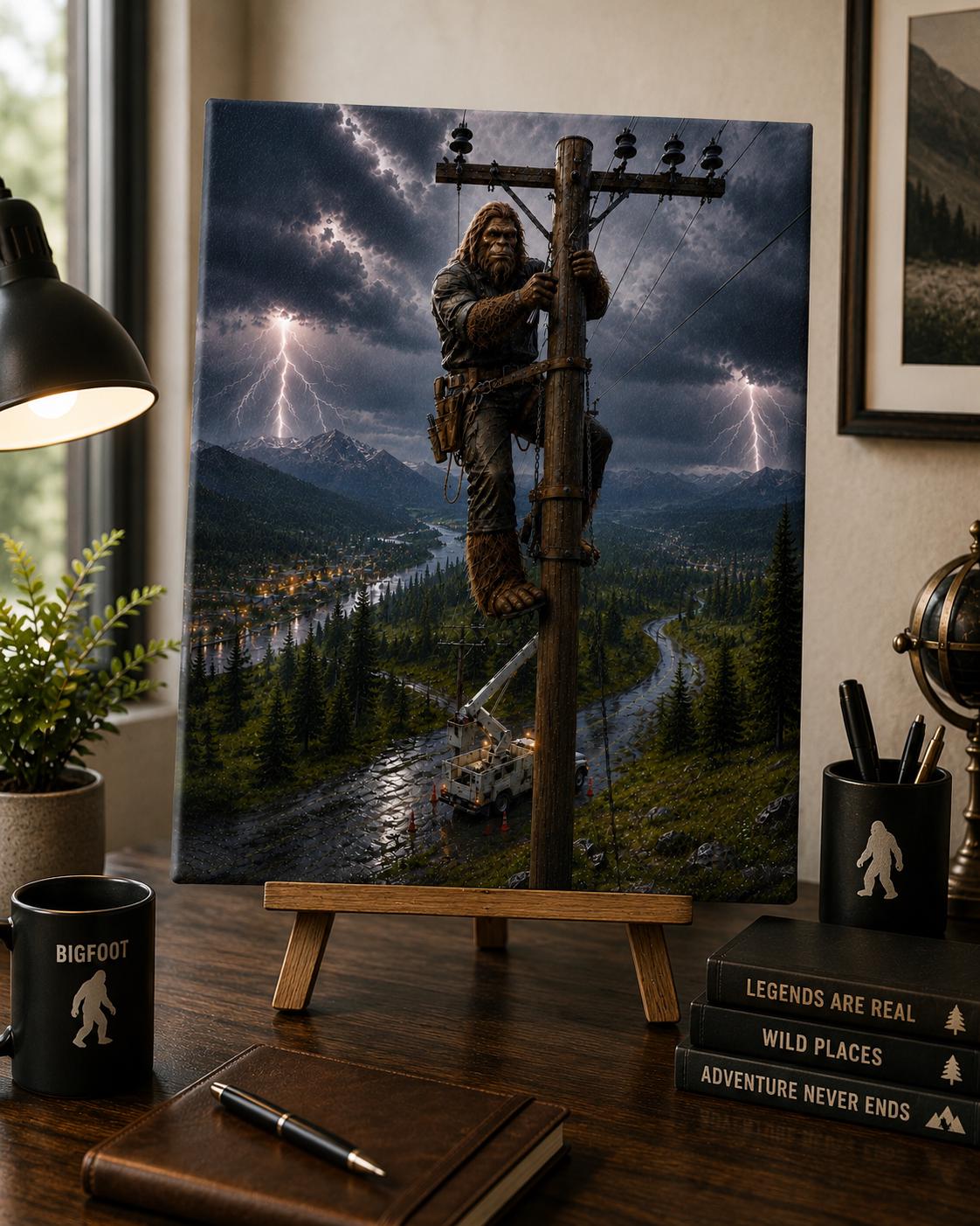 Lineman Bigfoot Canvas Print Canvas Print — shown on a rustic wall