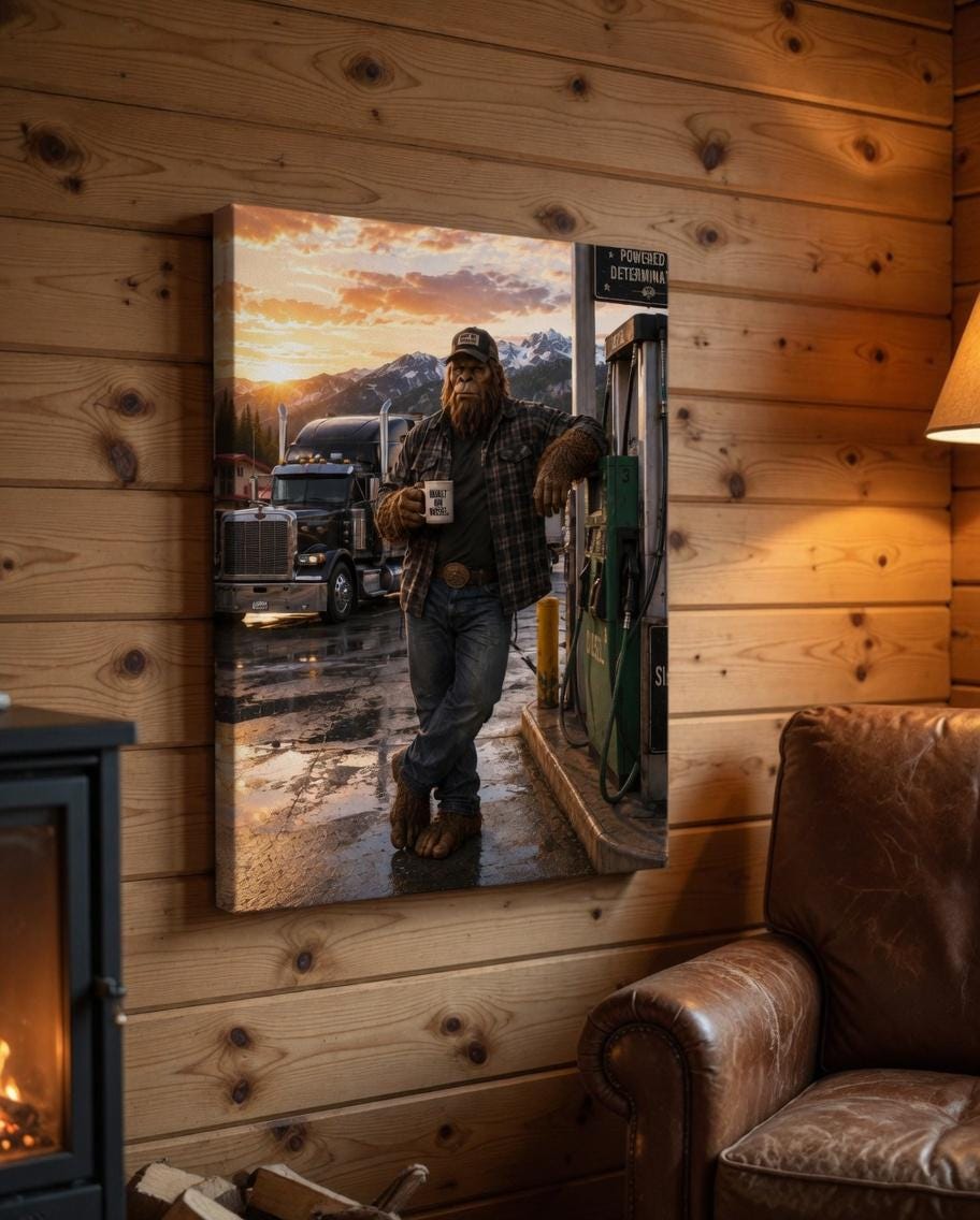 Trucker Bigfoot Canvas Print Canvas Print — shown on a rustic wall
