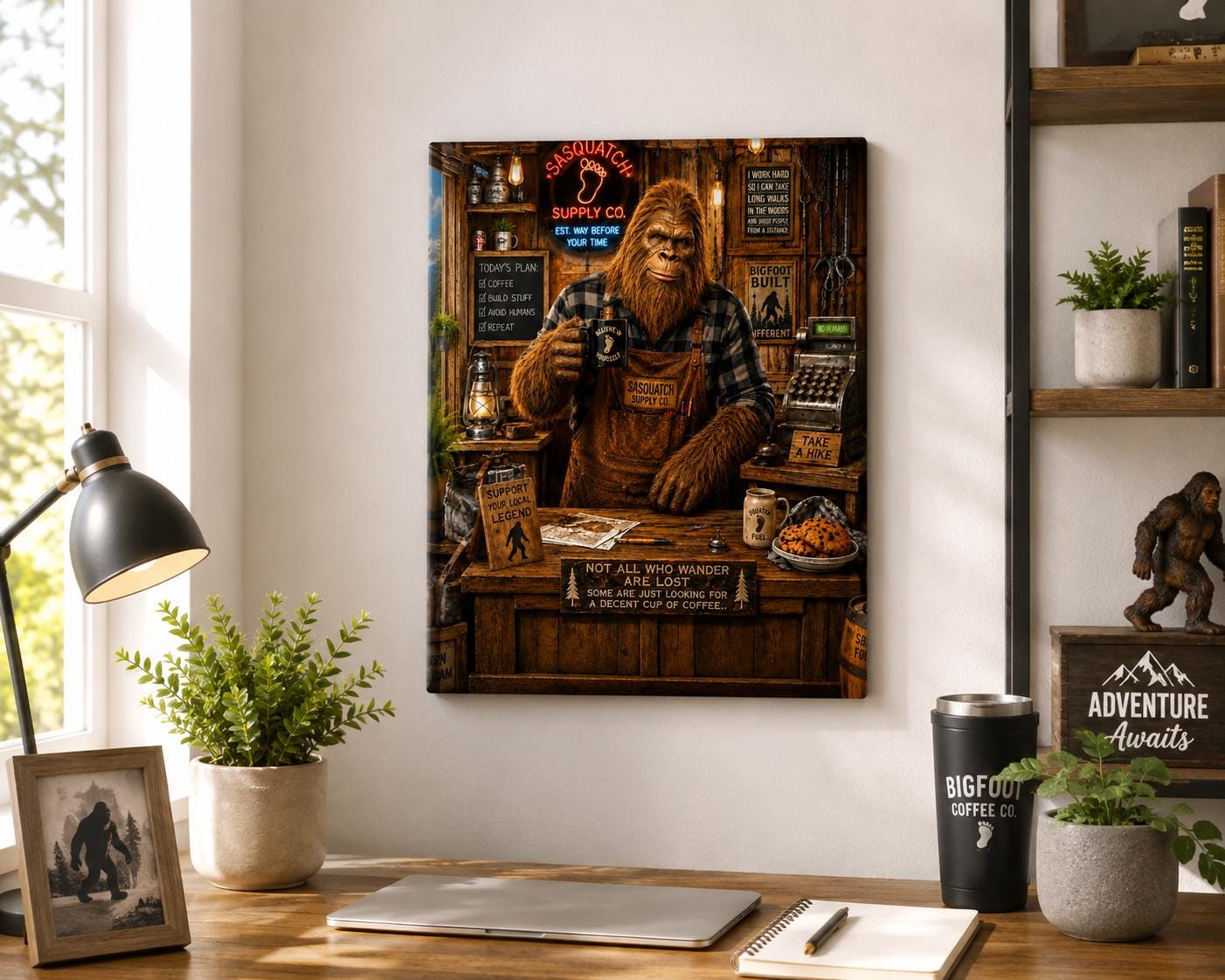 Blue Collar Bigfoot Canvas Print Canvas Print — shown on a rustic wall