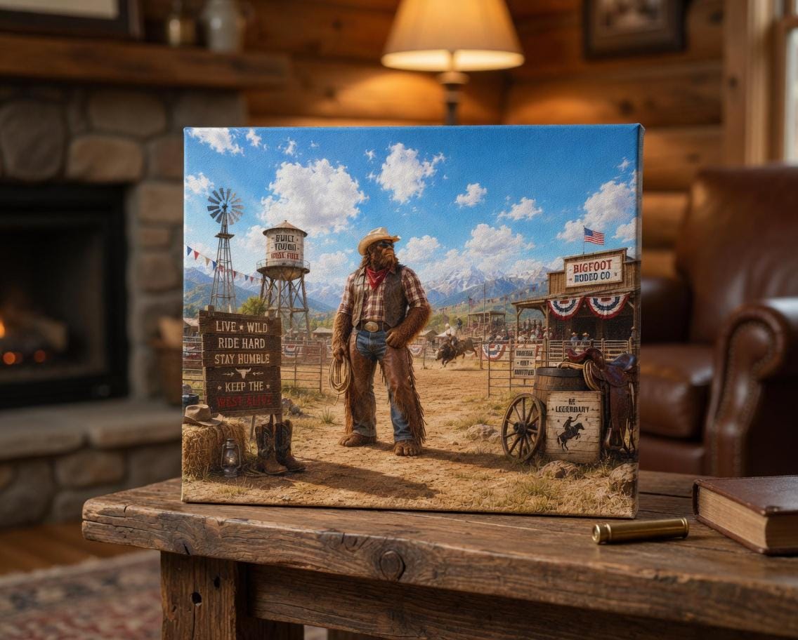 Rodeo Bigfoot Canvas Print Canvas Print — shown on a rustic wall