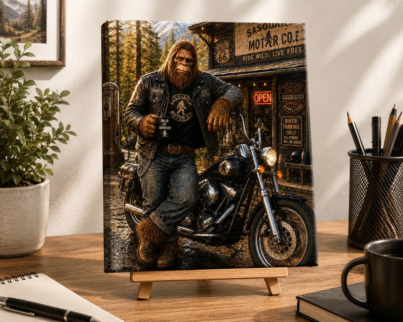 Motorcycle Bigfoot Canvas Print Canvas Print — shown on a rustic wall