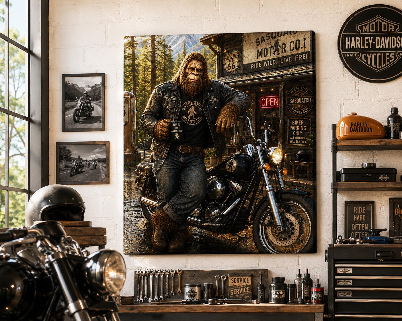 Motorcycle Bigfoot Canvas Print Canvas Print — lifestyle setting