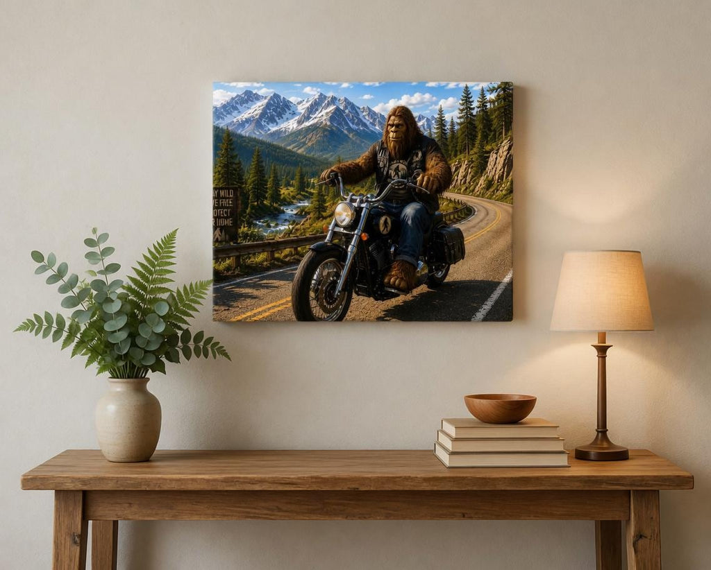 Biker Bigfoot Canvas Print Canvas Print — front view on white background