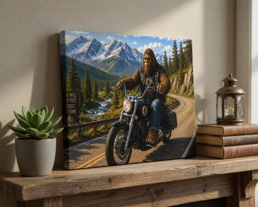 Biker Bigfoot Canvas Print Canvas Print — shown on a rustic wall