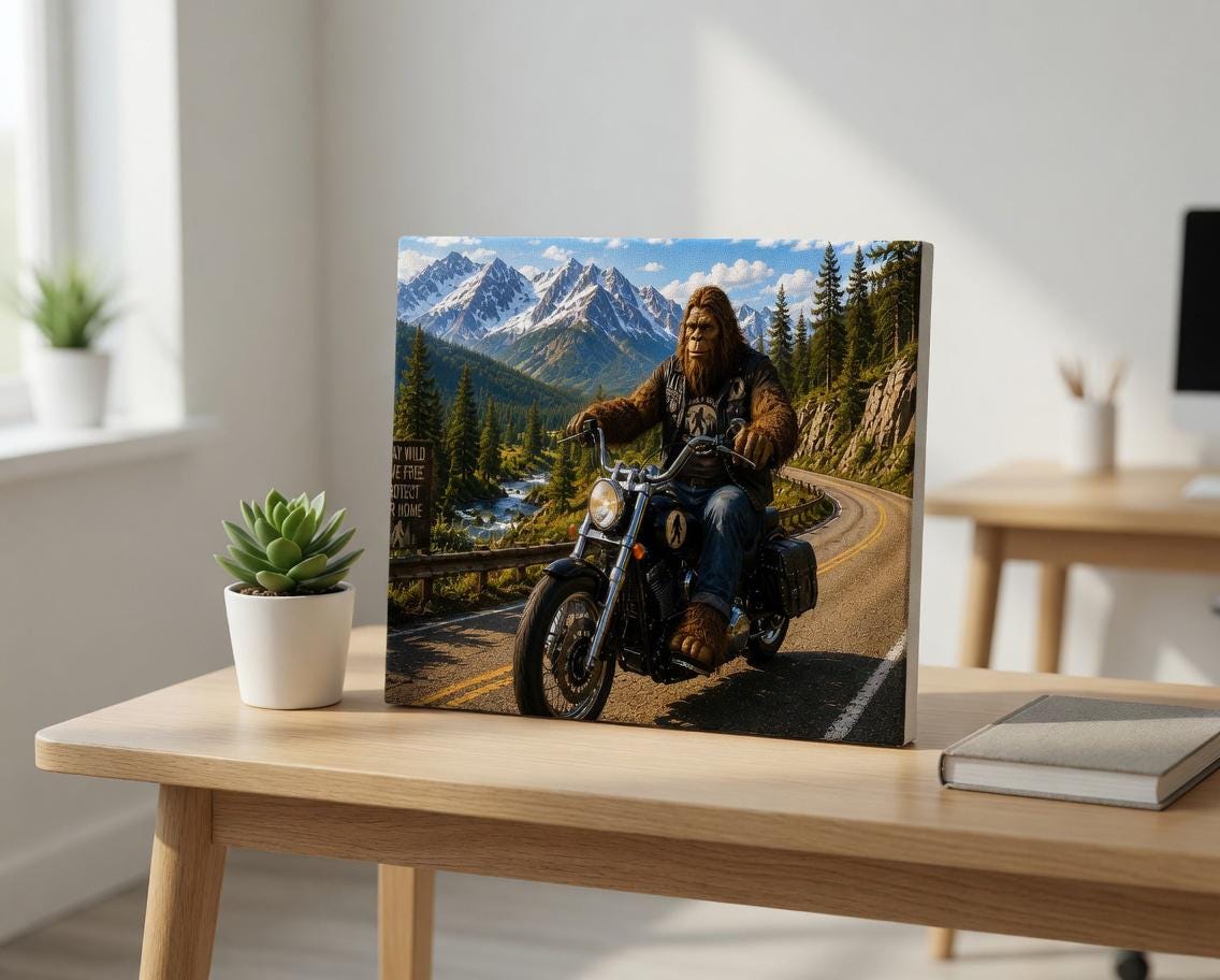 Biker Bigfoot Canvas Print Canvas Print — lifestyle setting