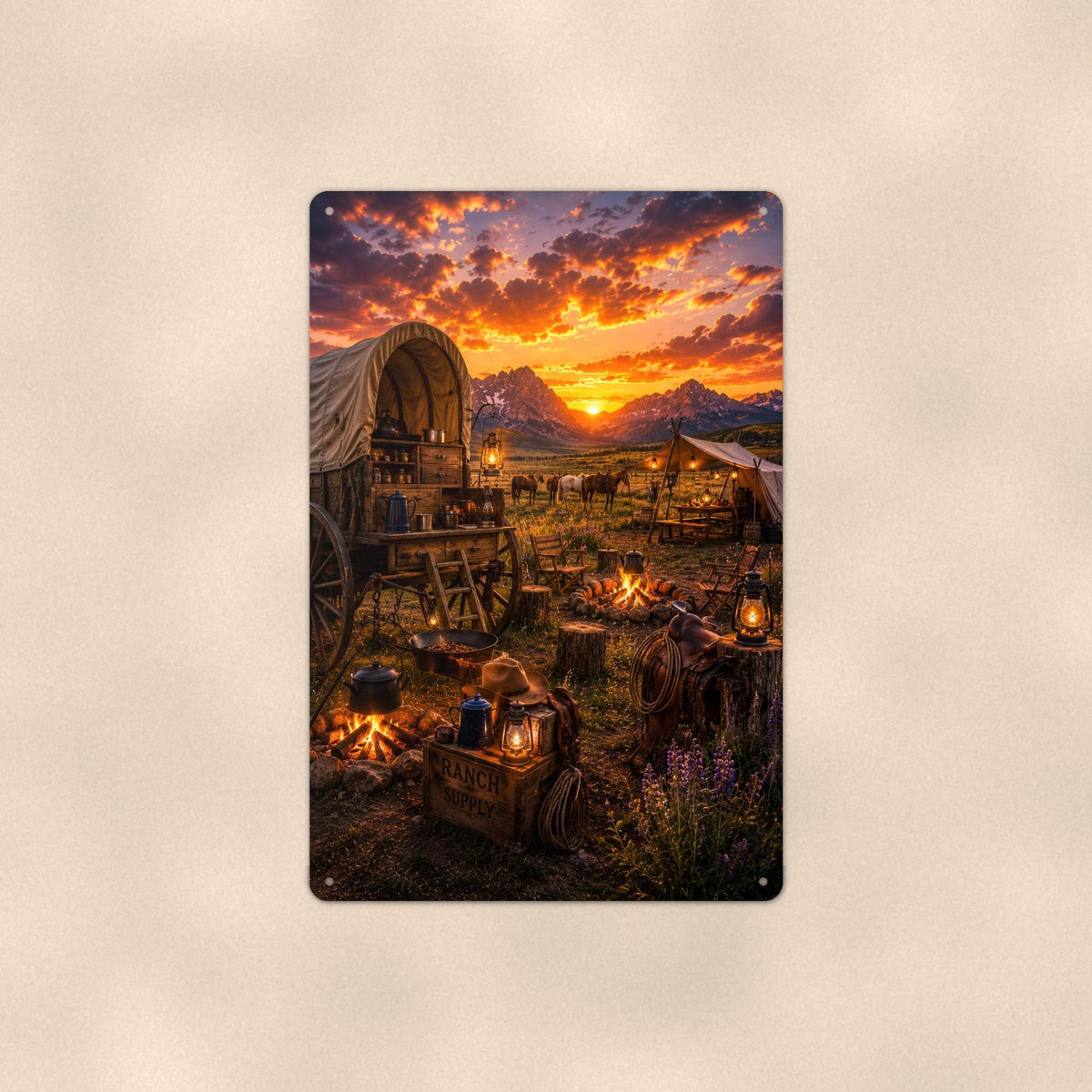 Western Covered Wagon Camp on a sublimated 8 x 12 in aluminum sign, shown whole against a plain wall — wall decor, handmade gift.