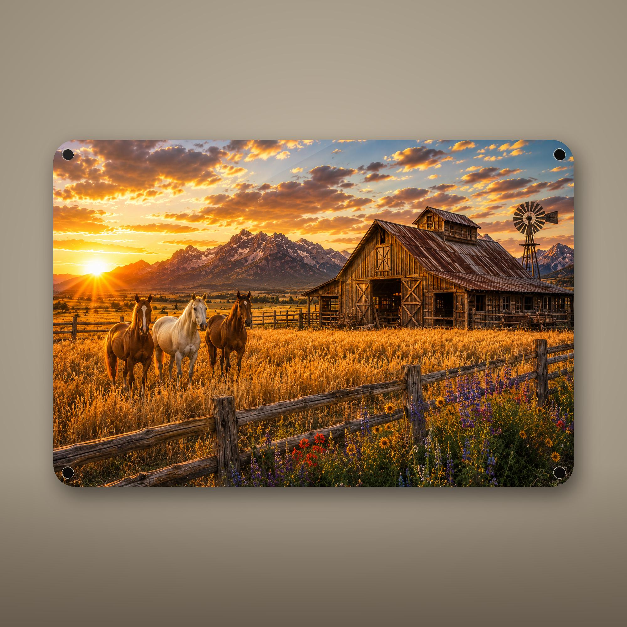 Mountain Ranch Sunset Aluminum Sign Aluminum Sign — front view on white background
