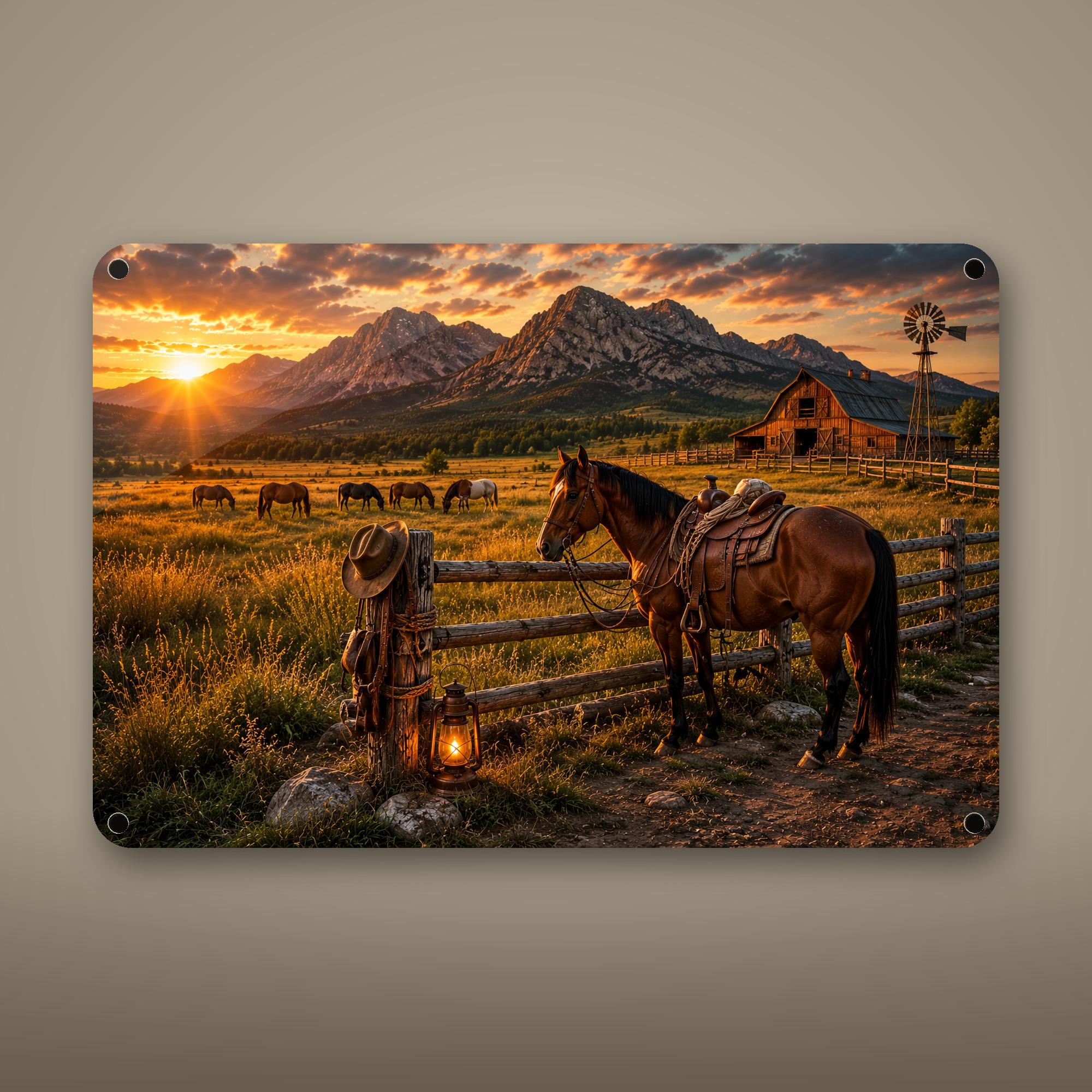 Ranch Horses Sunset Aluminum Sign Aluminum Sign — front view on white background