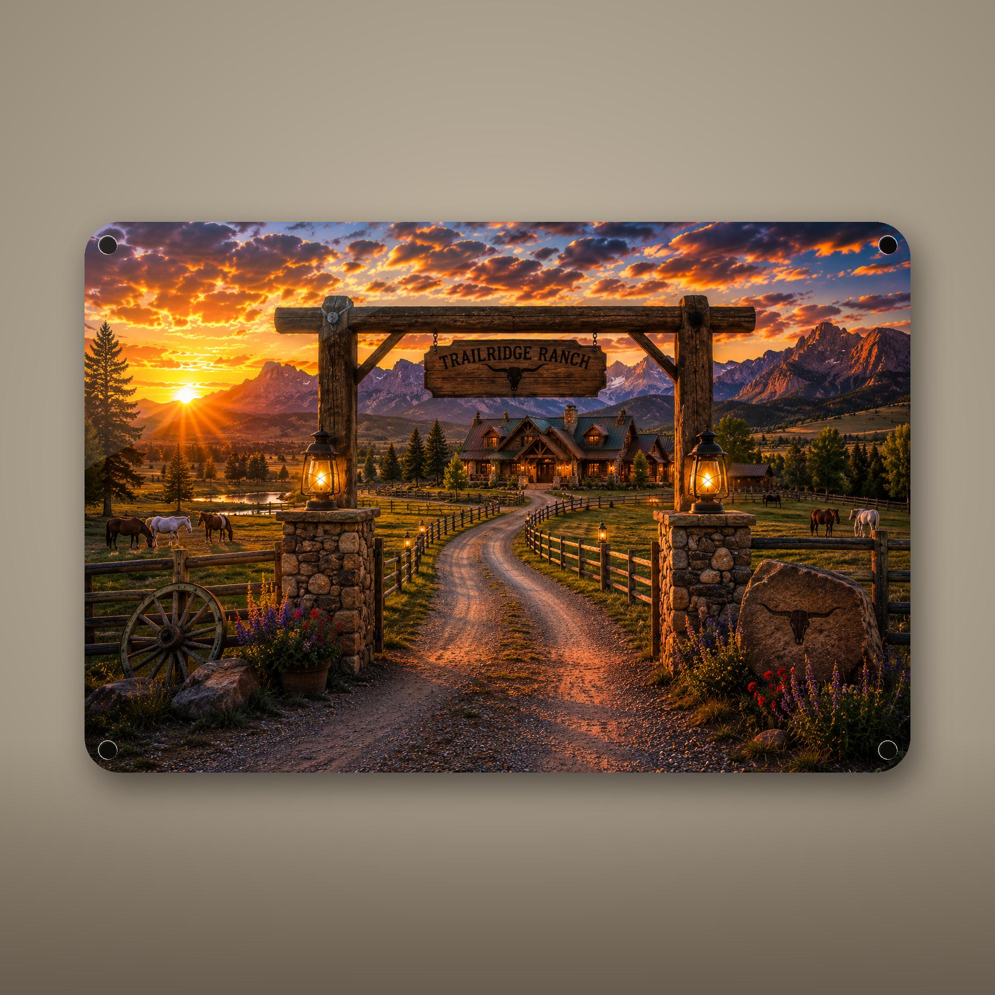 Ranch Gate Sunset Aluminum Sign Aluminum Sign — front view on white background