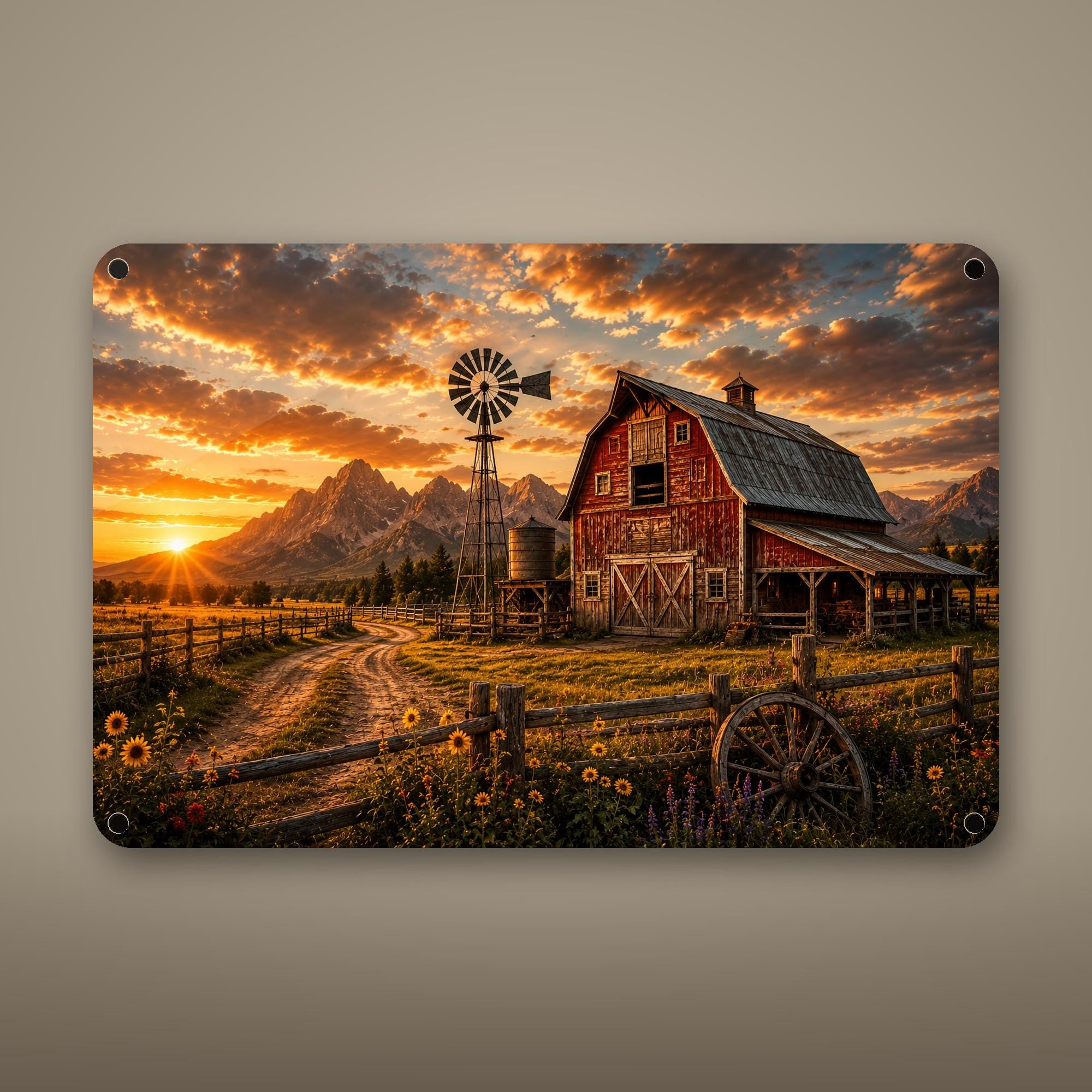 Red Barn Sunset Aluminum Sign Aluminum Sign — front view on white background