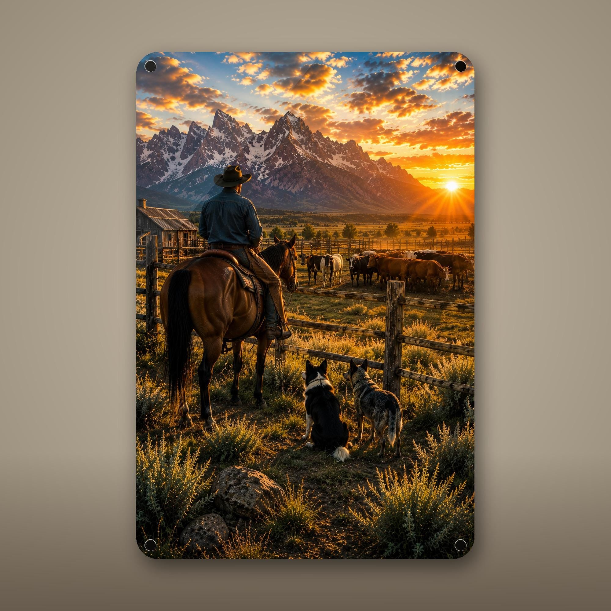 Ranch Rider and Herd Aluminum Sign Aluminum Sign — front view on white background