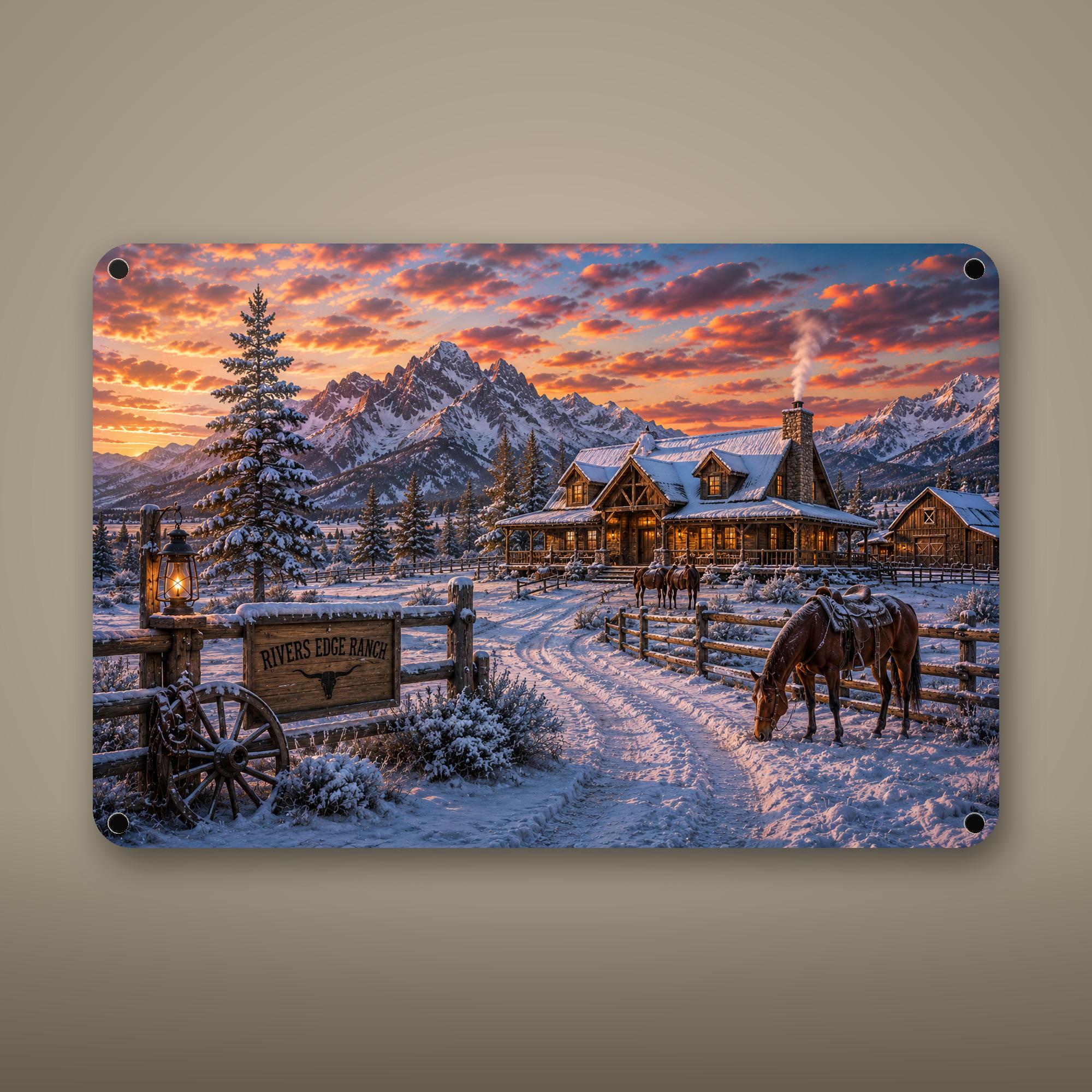 Snowy Ranch Homestead Aluminum Sign Aluminum Sign — front view on white background