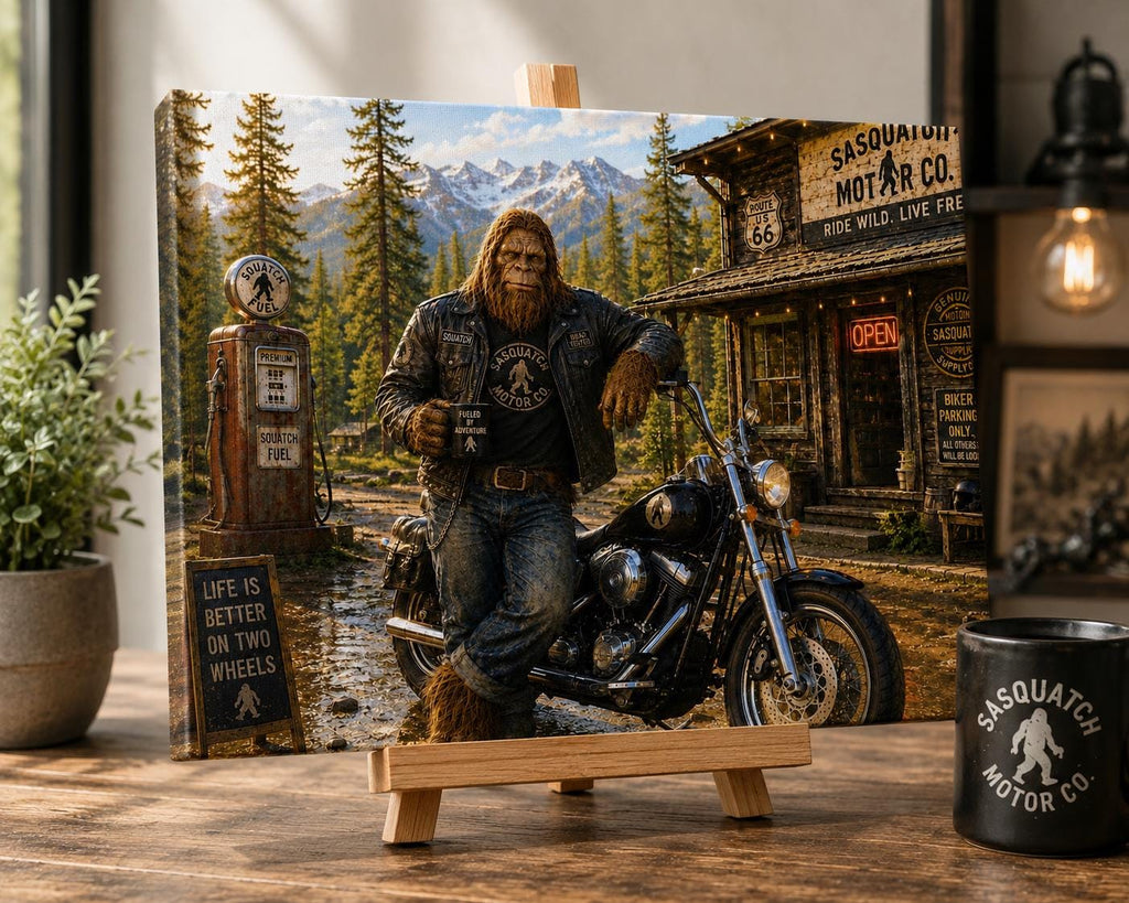 Biker Bigfoot Canvas Print Canvas Print — front view on white background