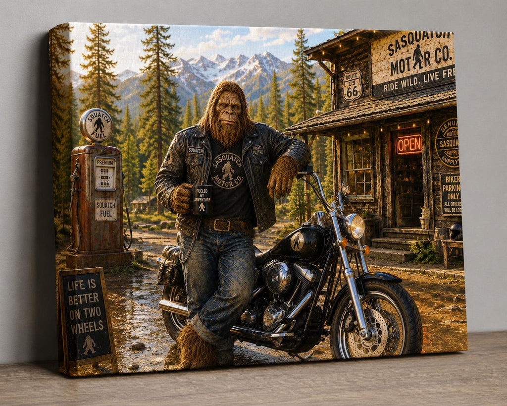 Biker Bigfoot Canvas Print Canvas Print — shown on a rustic wall