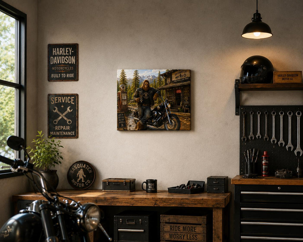 Biker Bigfoot Canvas Print Canvas Print — lifestyle setting