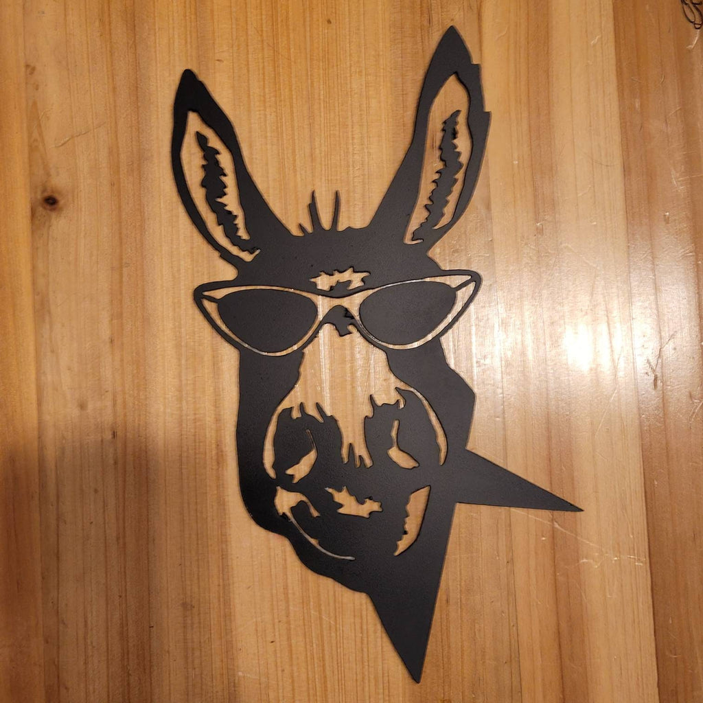 Funny Donkey Metal Garden Stake Metal Garden Stake — shown on a rustic wall