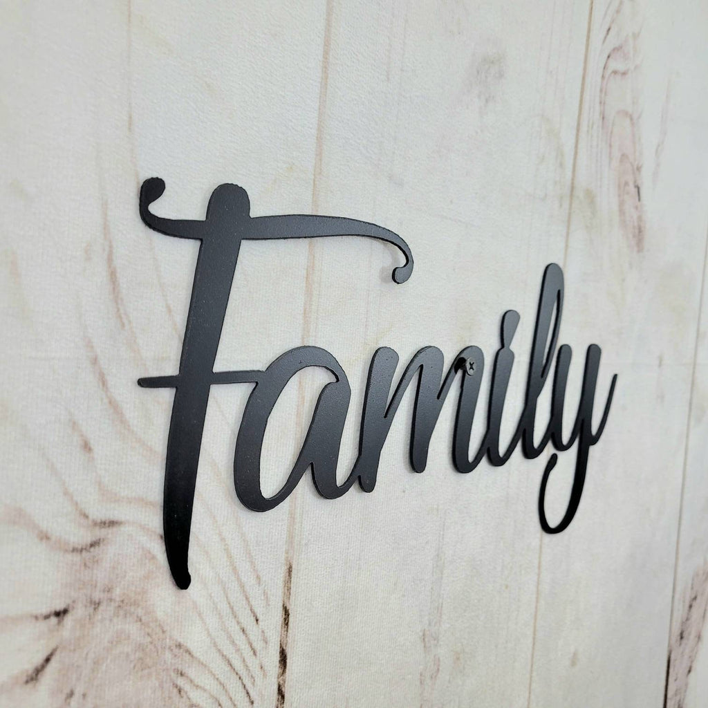 Family Metal Wall Sign Aluminum Sign — shown on a rustic wall