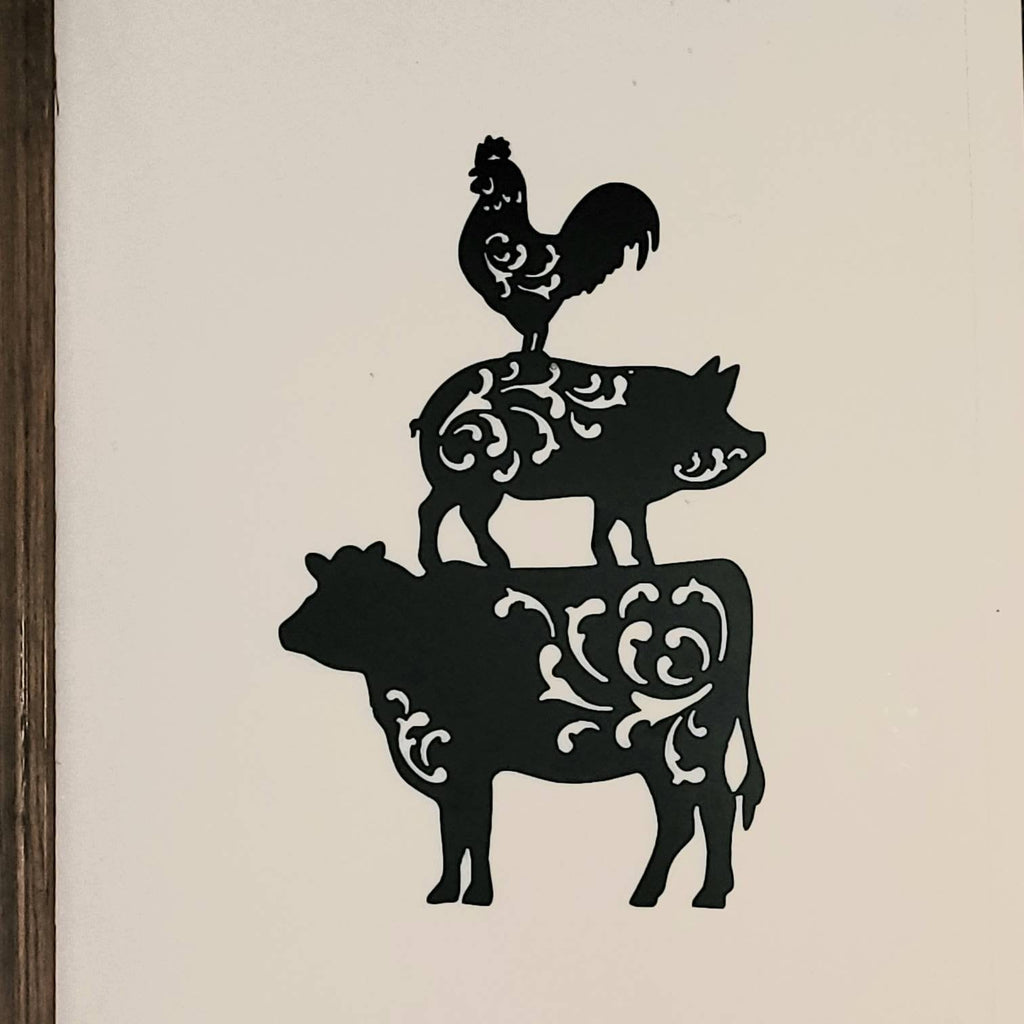 Stacked Farm Animals Metal Sign Aluminum Sign — shown on a rustic wall