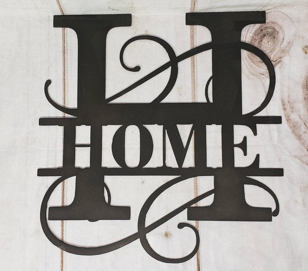 Home Split Letter Monogram Aluminum Sign — front view on white background