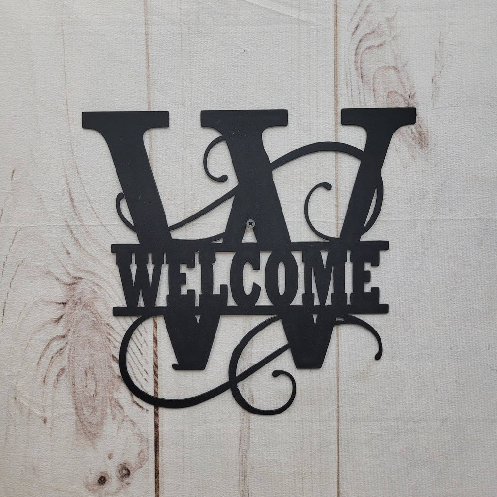 Welcome Split Letter Monogram Aluminum Sign — front view on white background