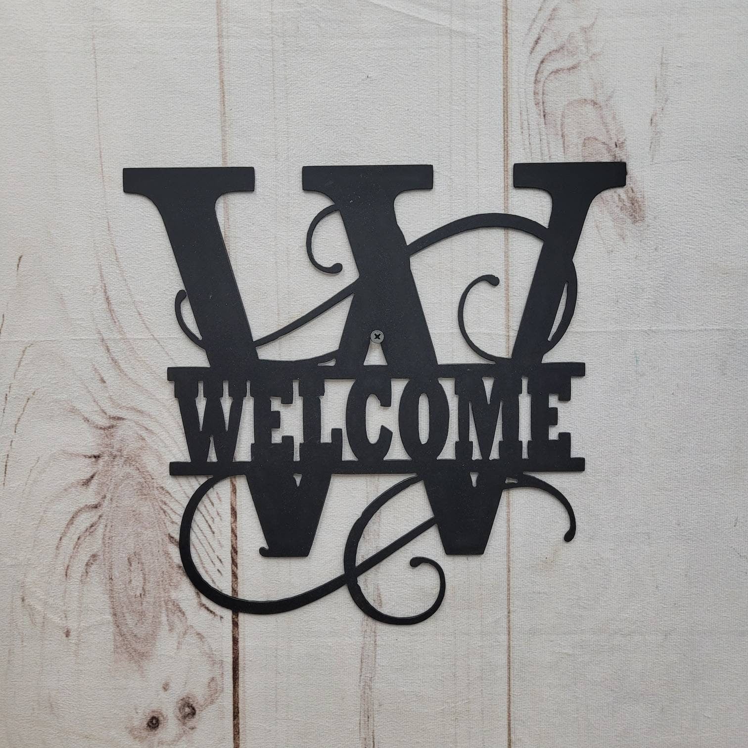 Welcome Split Letter Monogram Aluminum Sign — front view on white background