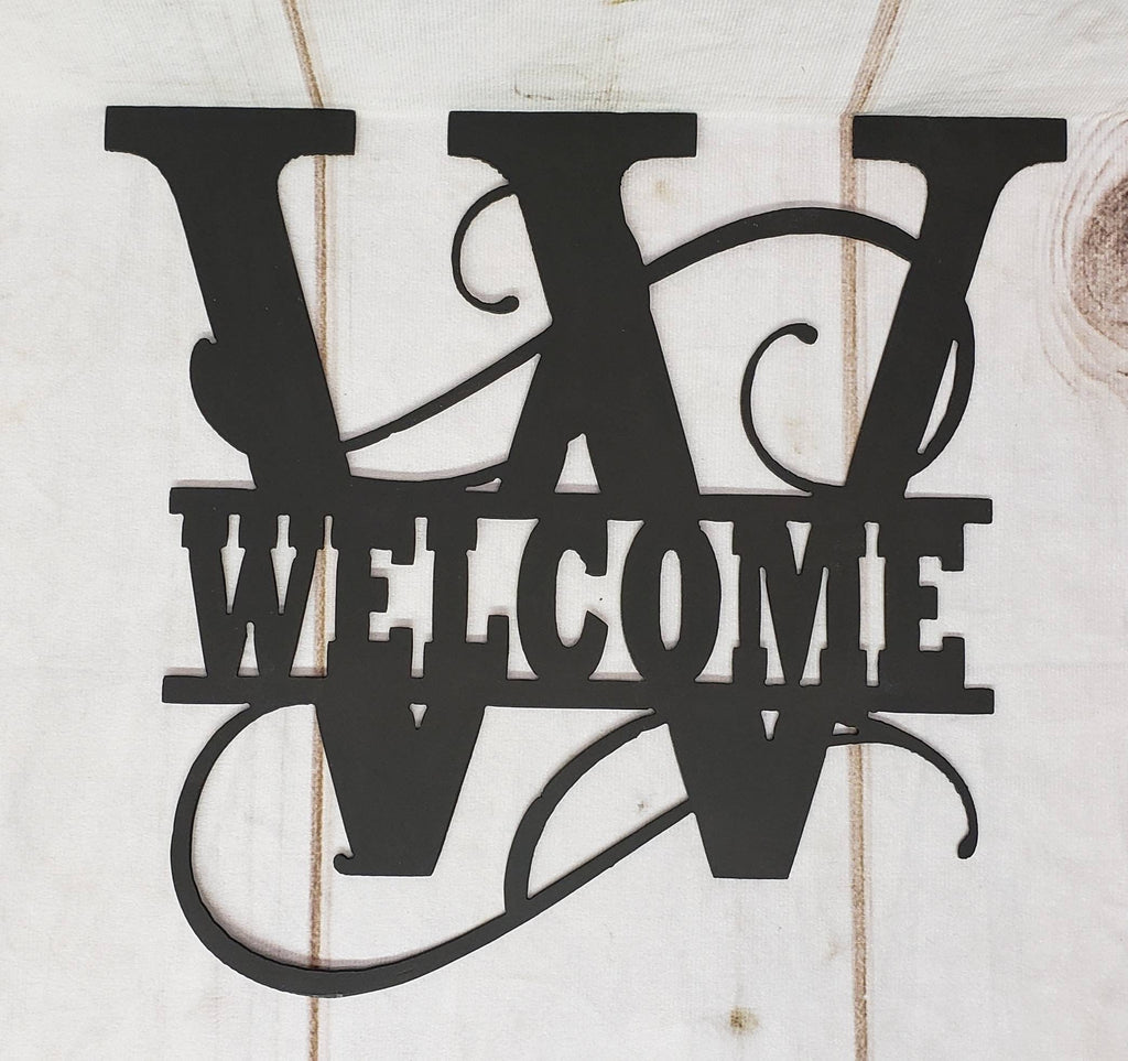 Welcome Split Letter Monogram Aluminum Sign — lifestyle setting